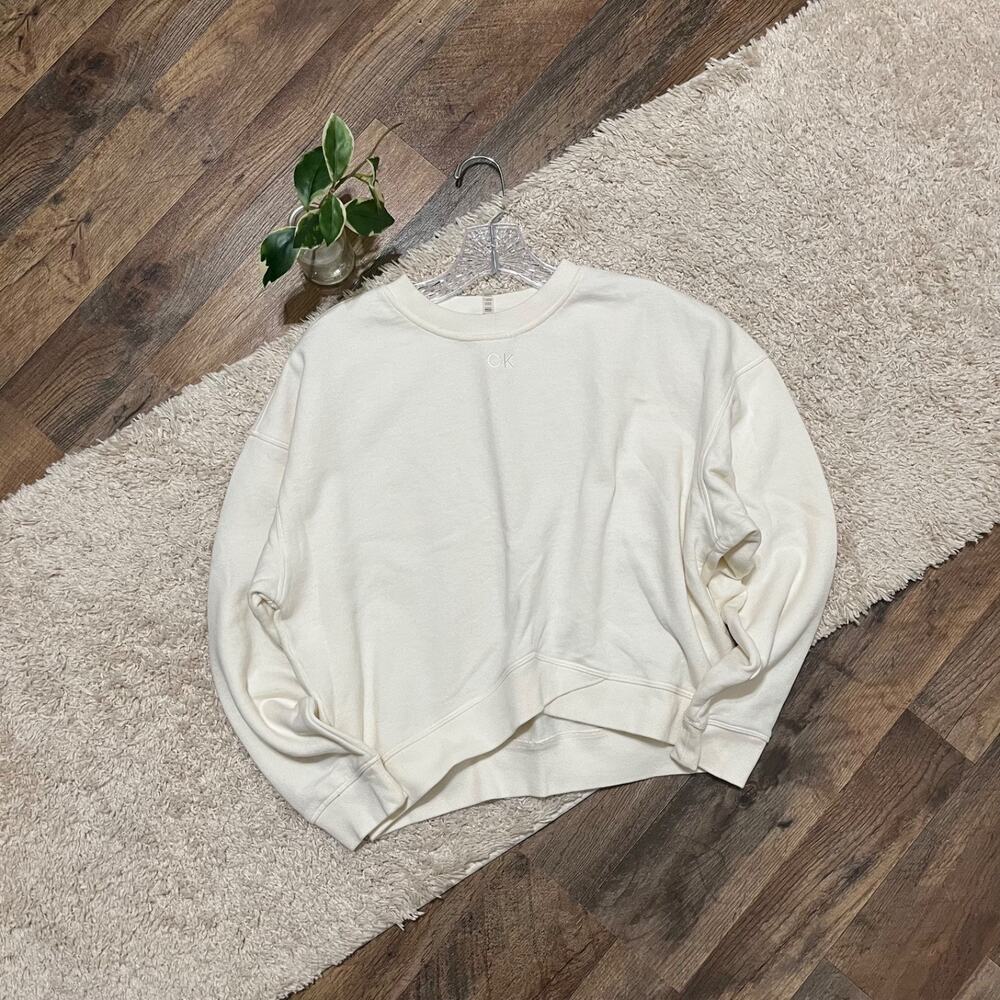 Calvin Klein Small Cream Crossover Hem Crewneck Cropped Pullover Sweatshirt